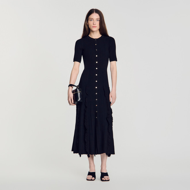 Knit maxi dress with ruffles - Black