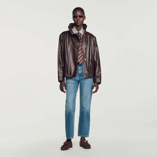 Oversized leather jacket - Brown