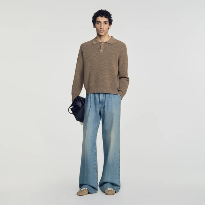 Ribbed alpaca polo shirt - Beige