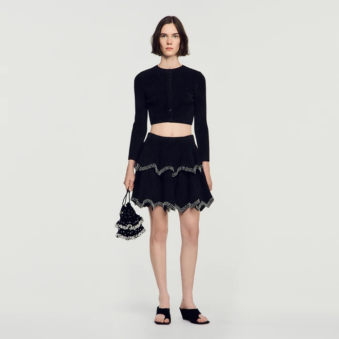 Velvet skater skirt with pearls - Black