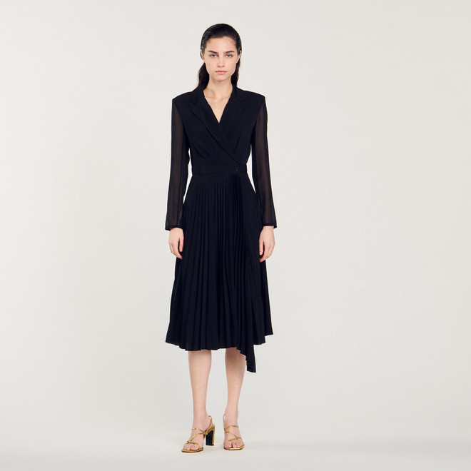 Long Sleeved Dual Fabric Dress - Black