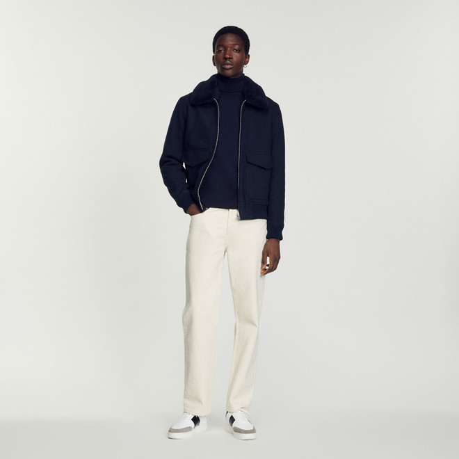 【海外限定】Sandroジャケット☆Chest-Pocket Cropped Cotton-Bl Cropped jacket with leather collar Navy | Sandro Paris