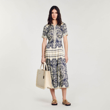 Scarf print maxi dress Navy | Sandro Paris