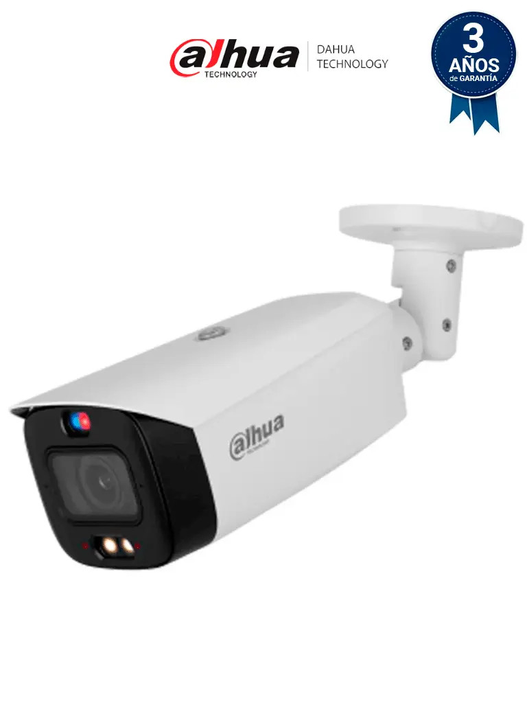 DAHUA IPC-HFW3449T1-AS-PV-V2 Cámara IP Bullet 4MP ofrece TiOC, WizSense, AcuPick, Iluminador Dual, Disuasión Activa, Lente 3.6mm, asi como sirena y estrobo azul y rojo, SMD 4.0 y protección IP67. Con ranura micro SD