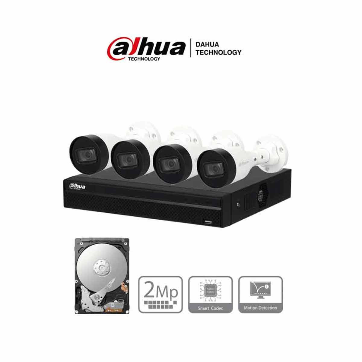 DAHUA KITNVR1104HS-P+4C1TB- Kit IP de 4 canales con NVR con 4 puertos PoE, 1TB de almacenamiento, y 4 cámaras bullet de 2MP con IR de 30 metros y clasificación IP67 para exteriores