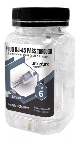 LINKEDPRO TC6SPASS Bote con 100 Plugs Pass through RJ45 CAT6 BLINDADO chapado de oro a 30 micras para durabilidad extrema. Diseño de una sola pieza, máxima eficiencia.Terminaciones rápidas con plugs passthrough Cumple norma TIA-568B.2.