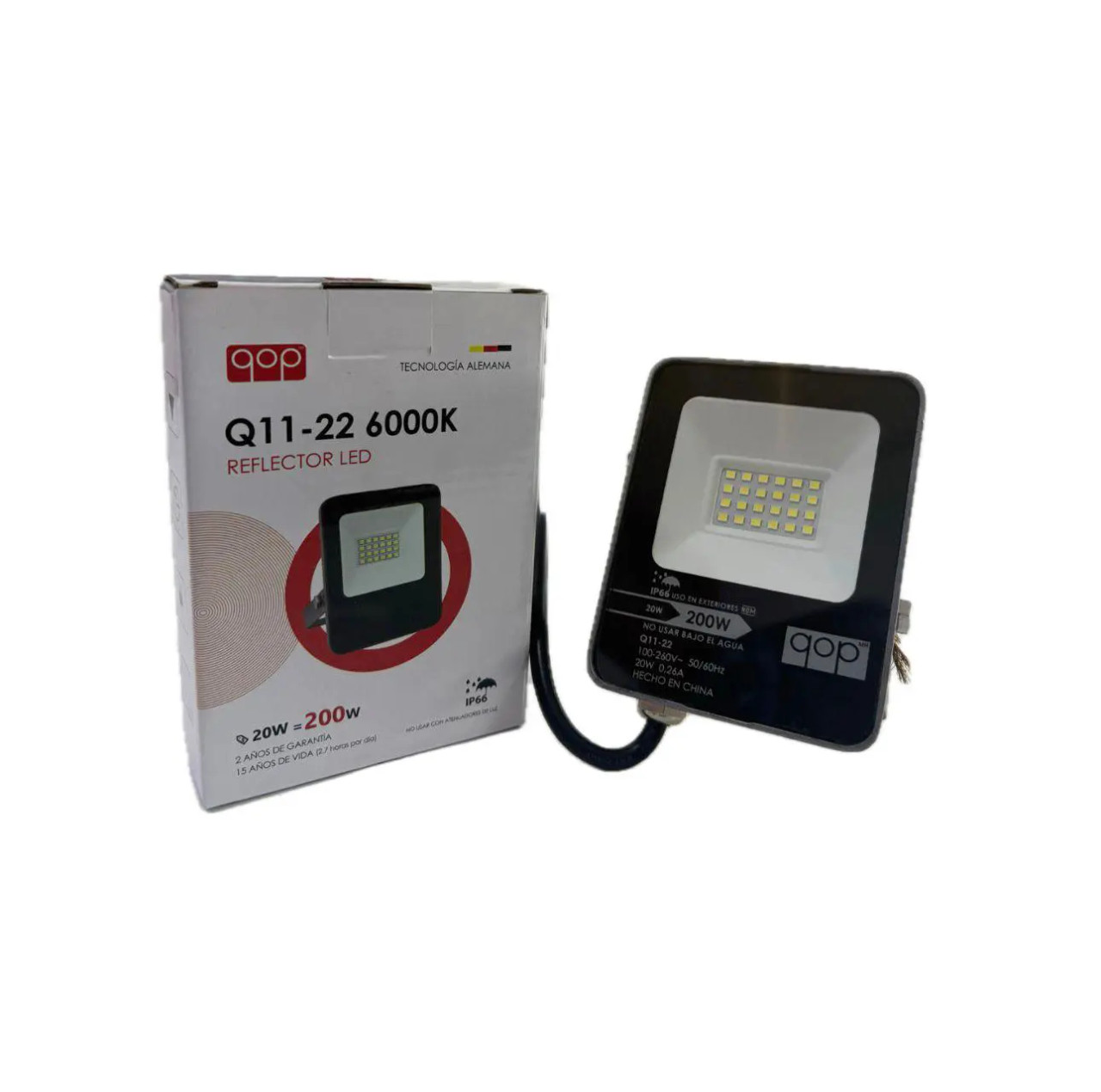 QOP Q11-22 REFLECTOR 20WATTS 6500K/100-260V 50-60Hz IP66/ Aluminio y Vidrio/ 1800 lúmenes/ LAMPARA LED/ 20,000hrs.