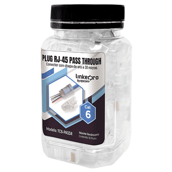 LinkedPro TC6-PASSR Bote con 50 Plugs Pass through RJ45 Cat6 sin blindaje, con alivio de tensión incluido, chapado de oro a 30 micras para durabilidad extrema. LinkedPro TC6-PASSR Bote con 50 Plugs Pass through RJ45 Cat6 sin blindaje, con alivio de tensión incluido, chapado de oro a 30 micras para durabilidad extrema.