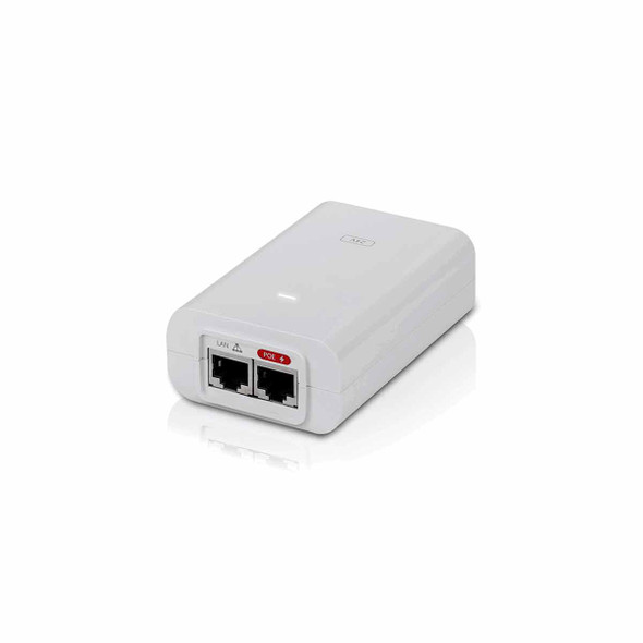 UBIQUITI POE-24-7W-G-WH - Inyector PoE Gigabit con protección contra descargas, alimentación de 24V DC a 0.3A y capacidad para reset remoto.