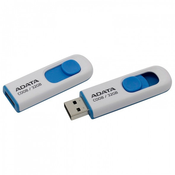 ADATA AC008-32G-RWE MEMORIA USB MEMORIA ADATA 32GB USB 2.0 C008 RETRACTIL BLANCO-AZUL. Su elegante diseño incluye un conector USB deslizante, que sale suavemente desde la unidad con la pulsación del dedo.