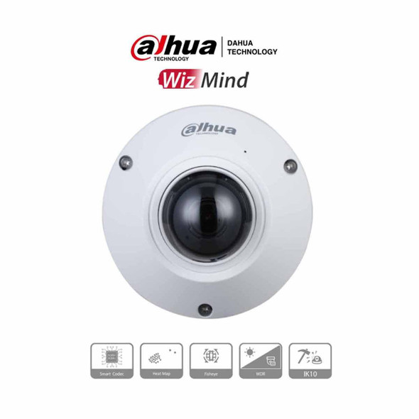 DAHUA IPC-EB5541-AS - Camara IP FishEye de 5 Megapixeles/ WizMind/ 360 Grados/ H.265/ Microfono Integrado + 1 Canal de E&S/ E&S De Alarma/ Mapa de Calor/ Conteo de Personas/ IP67/ IK10/ WDR Real/ PoE