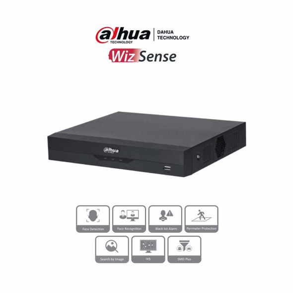 DAHUA NVR2104HS-P-I2 - NVR DE 8 Megapixeles/ 4k/ 4 Canales IP/ WizSense/ 4 Puertos Poe/ H265+/ Rendimiento de 80 Mbps/ HDMI y VGA/ 1 Ch de Reconocimiento Facial/ Protección Perimetral/ SMD Plus/ 1 Bahía de Disco Duro de 10 TB