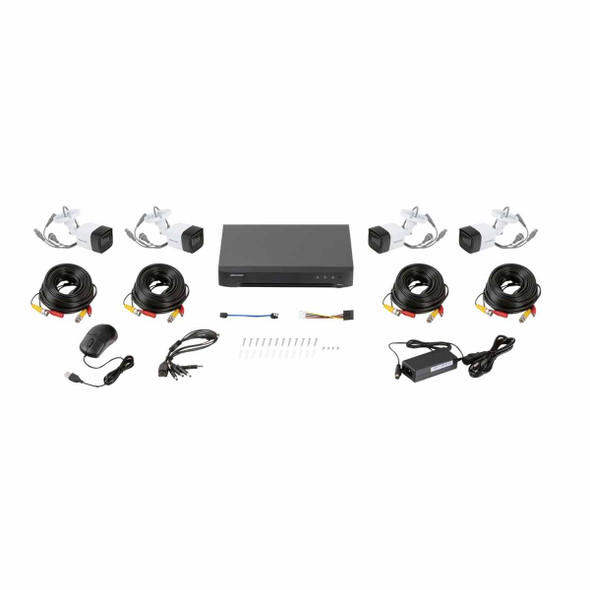 HIKVISION HIK5MPSLQ-KIT(B) (MICRÓFONO INTEGRADO) KIT TURBOHD 5 Megapixel / DVR 4 Canales / 4 Cámaras Bala con Micrófono Integrado (exterior 2.8 mm) / Fuente de Poder / Accesorios de Instalación.Soporte de audio por Coaxitron en todos los canales.
