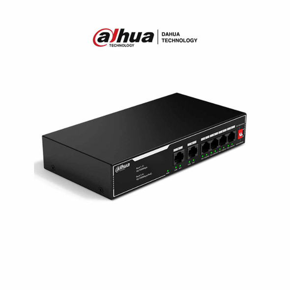 DAHUA DH-SF1006LP - Switch PoE de 6 Puertos Fast Ethernet/ 4 Puertos PoE 10/100/ 36 Watts Totales/ 2 Puertos Uplink RJ45 10/100/ PoE Watchdog/ Soporta hasta 250mts sobre UTP CAT 6/ Protección Contra Descargas
