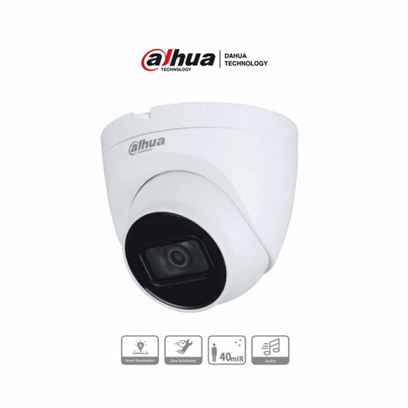 DAHUA HAC-HDW1200TQ-A-Cámara domo Dahua de 2 MP con lente de 2.8 mm, ángulo de 102 grados, IR de 40 m, micrófono integrado, instalación rápida, DWDR, IP67, y diseño en metal y policarbonato.