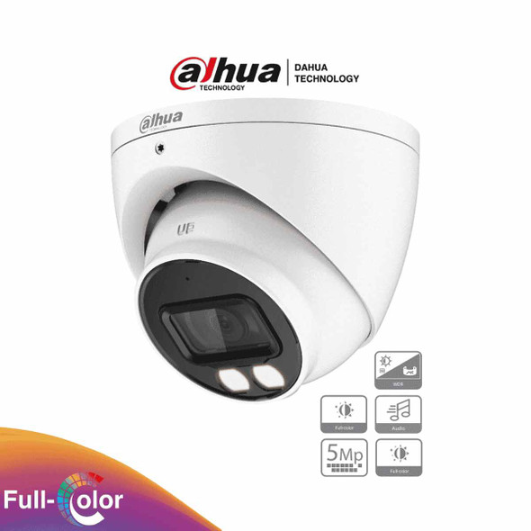 DAHUA HAC-HDW1509TN-A-LED-0360B - Cámara Domo Full Color de 5 MP con lente de 3.6 mm y micrófono integrado. Ofrece iluminación LED hasta 40 metros, tecnología Starlight y resistencia al agua IP67.