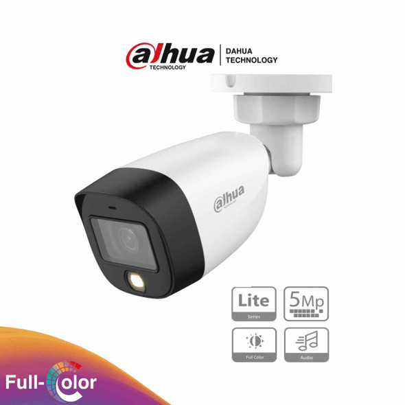 DAHUA HAC-HFW1509CN-A-LED - Cámara Bullet Full Color de 5 MP con lente de 2.8 mm y apertura de 112°. Incluye micrófono integrado, LEDs para visión nocturna hasta 20 metros, WDR de 120 dB y tecnología Starlight. Resistente al agua IP67