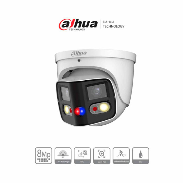 DAHUA IPC-PDW3849-A180-AS-PV Cámara IP WizSense Eyeball con multivisión en dos sensores de 4MP, ofreciendo un ángulo de 180°. Con IR de 25 m, LED de 20 m, disuasión activa, ePTZ, micrófono, altavoz, y protección IP67
