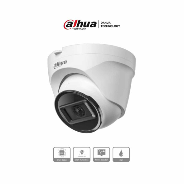 DAHUA IPC-T1E20 -Camara IP Domo de 2 MP, lente de 2.8 mm y 99 de visión. Alcance IR de 30 m, protección IP67 y alimentación PoE. Funciones avanzadas: DWDR, 3D NR, HLC, BLC y compresión H.265+ Ideal para videovigilancia confiable
