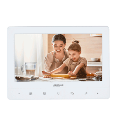 DAHUA KTA02M - Kit de videoportero analógico con frente de calle metálico y cámara de 1.3 MP, DWDR e IR automático. Incluye monitor TFT de 7", entrada y salida de audio, y soporte para botón de salid