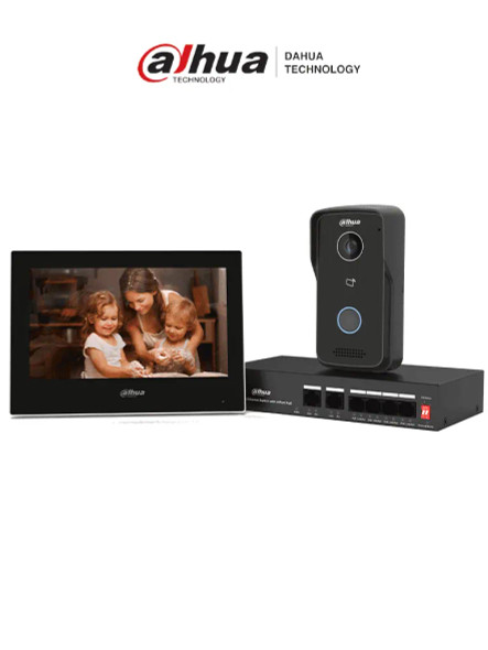 DAHUA DHI-KTP03 - Kit de Videoportero: Monitor de 7", frente de calle IP65 con visión IR, apertura remota, y control de 1 puerta. Incluye switch PoE de 4 puertos 10/100 y 2 puertos uplink. 