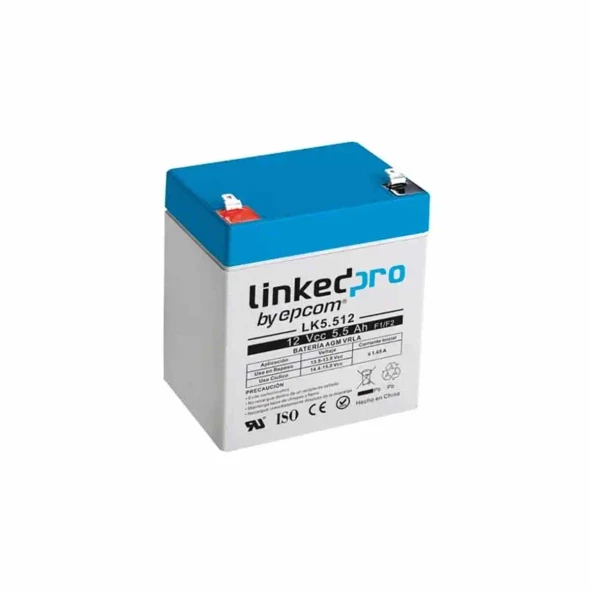 LINKEDPRO LK5.512 Batería 12 V / 5.5 Ah / UL / Vida útil promedio 5 años / Tecnología AGM / Para uso en equipo electrónico, Alarmas de Intrusión / Incendio/ Control de acceso / Video Vigilancia / Terminales F1 ( Incluye adaptador F)