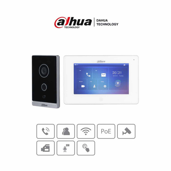 DAHUA KTW01 - Videoportero WiFi con monitor de 7", 6 entradas y 8 zonas de alarma, ranura MicroSD para grabación, cámara 2MP con WDR real e IR, controla 1 puerta, apertura con tarjeta. 