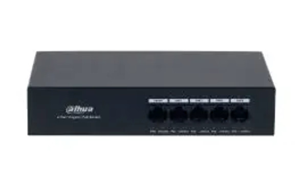 DAHUA DH-PFS3005-4GT-36 Switch con 4 puertos Gigabit PoE y 1 puerto Uplink RJ45 10/100/1000 Mbps. Ofrece protección contra descargas eléctricas, ideal para alimentar dispositivos IP. Incluye fuente de Poder DAHUA DH-PFS3005-4GT-36 Switch con 4 puertos Gigabit PoE y 1 puerto Uplink RJ45 10/100/1000 Mbps. Ofrece protección contra descargas eléctricas, ideal para alimentar dispositivos IP. Incluye fuente de Poder