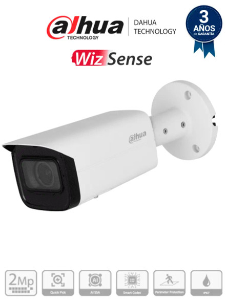 DAHUA IPC-HFW3241T-ZAS-S2 - Cámara IP Bala de 2MP/WizSense/Lente Motorizado de 2.7 a 13 mm/ IR de 60 Metros/ Micrófono Integrado/ IA/ SMD 4.0/ AI SSA/ QuickPick/ E&S de Alarma y Audio/ IP67/ PoE/Ranura para Micro SD