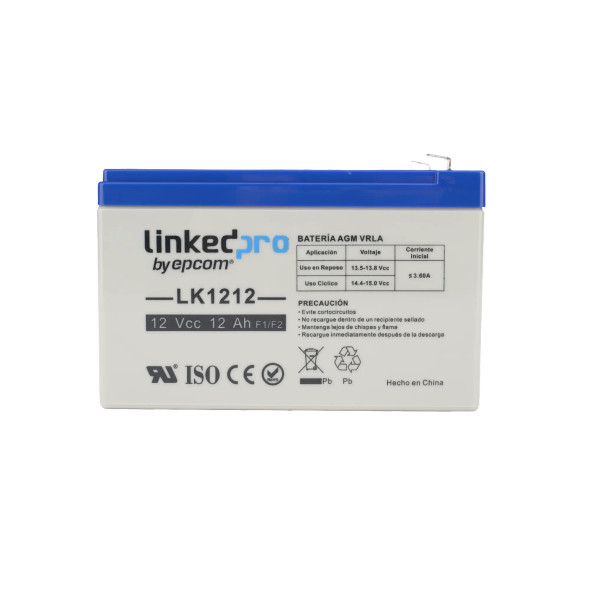 LINKEDPRO LK1212 Batería 12 V / 12 Ah / UL / Tecnología AGM / Vida útil promedio de 5 años / Uso en equipo electrónico / Intrusión / Incendio/ Control de acceso / Video Vigilancia / Terminales F1 ( Incluye adaptador F2 )