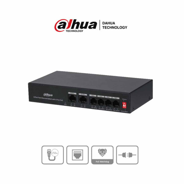 DAHUA PFS3006-4ET-36 - Switch PoE de 6 Puertos Fast Ethernet/4 Puertos PoE 10/100/ 2 Puertos uplink 10/100/ 36 Watts Totales/ Switching 1.2 Gbps