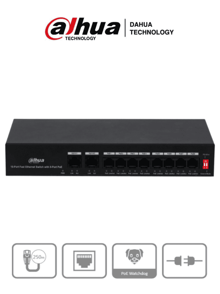DAHUA PFS3010-8ET-65 - Switch Poe de 10 Puertos Fast Ethernet/ 8 Puertos Poe/ 2 Puertos Uplink/ 65 Watts Totales/ Soporta PoE Watchdog/ Switching 2.0 Gbps/ Con Protección de Descargas