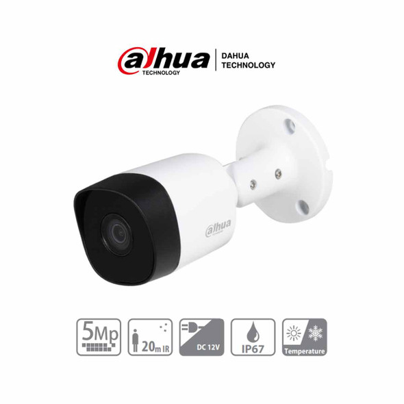 DAHUA HAC-B2A51N-0280B-S2 - Cámara bullet de 5 MP con lente de 2.8 mm y ángulo de visión de 106°. Incorpora IR de 20 m para visión nocturna, resistente IP67, y materiales metálicos. Compatible con CVI, CVBS, AHD y TVI.