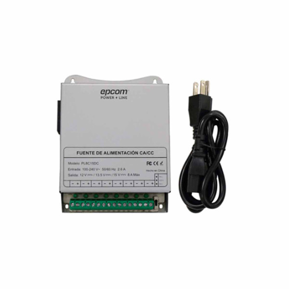 EPCOM PL-8C-15DC Fuente de Poder Metálica / Para 8 Cámaras / Ajustables a 12 o 13.5 o 15 Vcc / 8 Amperes / Instalación en Pared o Riel Din 