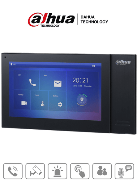 DAHUA VTH2421FB-P - Monitor IP táctil de 7" Serie Pro, con 8GB de memoria embebida, PoE estándar, ranura MicroSD, soporta llamada grupal, videos, mensajes, 6 entradas/salidas de alarma, y hasta 9 monitores adicionales