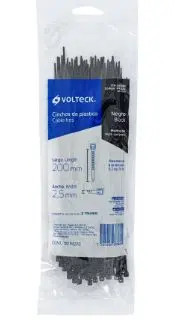 VOLTECK CIN-1820N 44322 BOLSA CON 100 CINCHOS PLASTICOS 18lb 200 X 2.5mm NEGRO - FABRICADOS EN NYLON SEGURO AUTOMATICO -UTILES PARA SUJETAR, AMARRAR, Y ORDENAR CABLES ELECTRICOS 