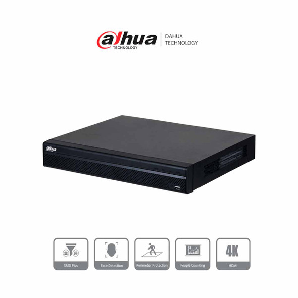 DAHUA DHI-NVR4216-4KS3 NVR de 8 Megapixeles/ 4k/ 16 Canales IP/ Rendimiento de 160 Mbps/ Smart H.265+/ 2 Bahias de Discos Duros/ 4&2 E&S de Alarmas/ HDMI&VGA/ Soporta Cámaras WizSense/ 4 canales SMD Plus