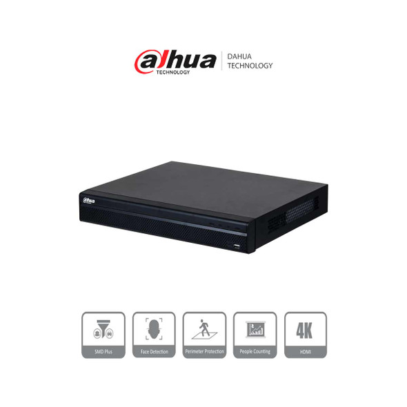 DAHUA DHI-NVR4232-4KS3 NVR De 32 canales IP, 8 MP/4K, 160 Mbps, Smart H.265+, 2 Bahías para HDD de 20 TB cada uno, HDMI & VGA, soporta cámaras WizSense y 2 canales SMD Plus.