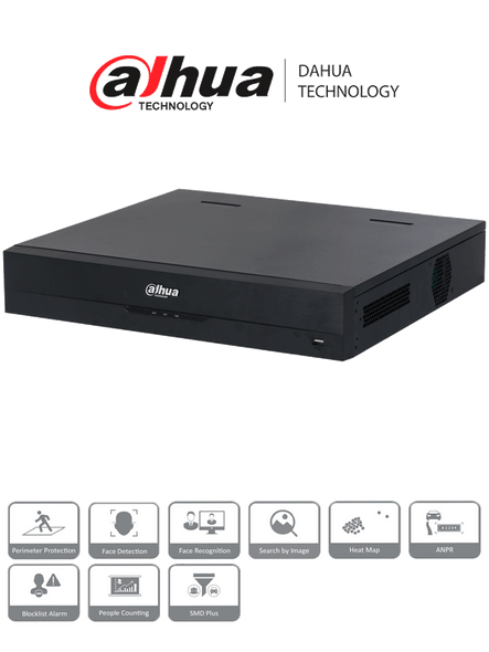 DAHUA DHI-NVR5416-16P-EI -  NVR de 8 Megapixeles/ 16 Canales IP/ WizSense/ 16 Puertos Poe/ 8 con ePoE/ 4 Bahias para Discos Duros/ 2 Canales con Reconocimiento Facial/ SMD Plus/ Soporta Camaras con IA/ Protección Perimetral/ #LoNuevo