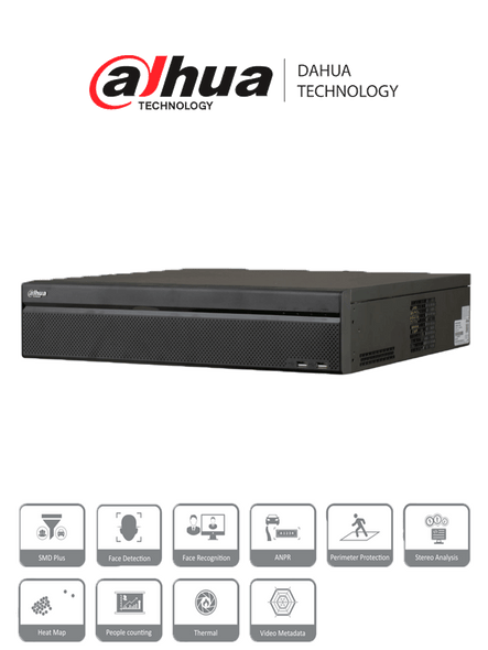 DAHUA DHI-NVR5832-16P-EI -NVR de 32 canales IP 4K con 16 puertos PoE y 8 puertos ePoE. Ofrece tecnología Acupick, detección y reconocimiento facial, SMD, 8 bahías para discos duros y admite RAID 0/1/5/6/10, con un ancho de banda de 384 Mbps.