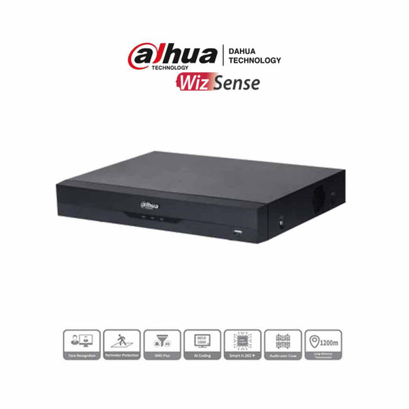 DAHUA XVR5108HE-4KL-I3 - DVR 8 canales 4K con tecnología WizSense y compresión H.265+. Admite 8 canales HDCVI + 8 IP, reconocimiento facial en 2 canales, SMD Plus, protección perimetral, 1 SATA de hasta 16 TB, 8 entradas y 3 salidas de alarma.