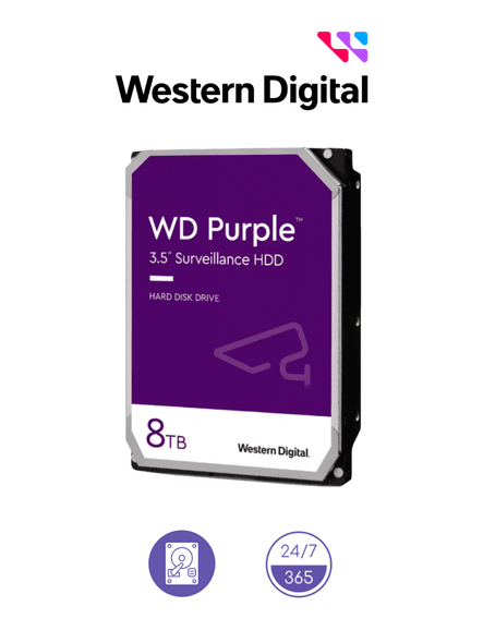 WESTERN DIGITAL WD85PURZ - Disco Duro de 8 TB Purple/ Especial para Videovigilancia/ Trabajo 24/7/ Interface: Sata 6 Gb/s/ Hasta 64 Cámaras/ Hasta 16 Bahías de Discos Duros. Para sistemas de seguridad de funcionamiento continuo las 24 horas.