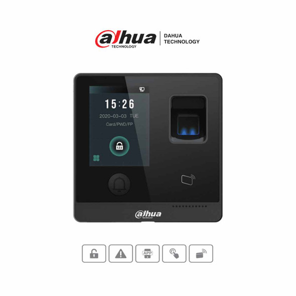 DAHUA ASI1212F-D - Control de Acceso Touch/ 3,000 Huellas/ 30,000 Tarjetas ID/ 30,000 Passwords/ 150,000 Registros/ Apertura Remota desde APP/ Tiempo de lectura de 1.5 s/ TCP/IP/ E&S de Alarma/ Boton de Apertura/