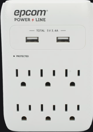 EPCOM EPLSPWUSB Multicontacto de Pared 110 Vca/ Supresor de Picos 1080 Joules/ 6 x Nema 5-15P/ 2 x USB (5V a 3.4A), Capacidad máxima de 1800W en 120 VCA.
