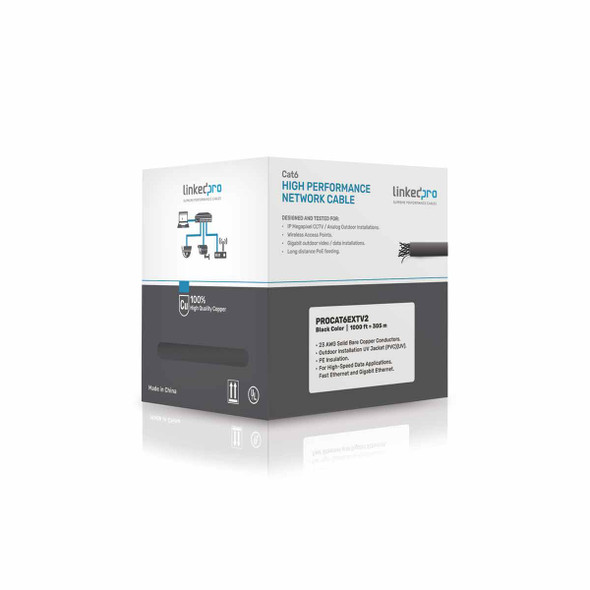 LINKEDPRO PRO-CAT-6-EXT Bobina de cable de 305 Metros Cat6+ CALIBRE 23 Exterior Blindado tipo FTP para CLIMAS EXTREMOS, UL, color Negro