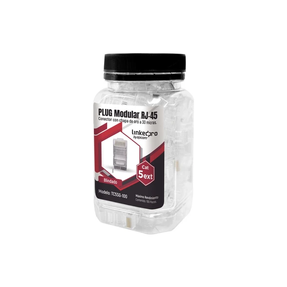 LINKEDPRO TC5SG100 BOTE CON 100 PIEZAS DE PLUG MODULAR RJ45 Cat5e BLINDADO, CHAPADO DE ORO A 30 MICRAS PARA DURABILIDAD EXTREMA CON PIN DE TIERRA. 