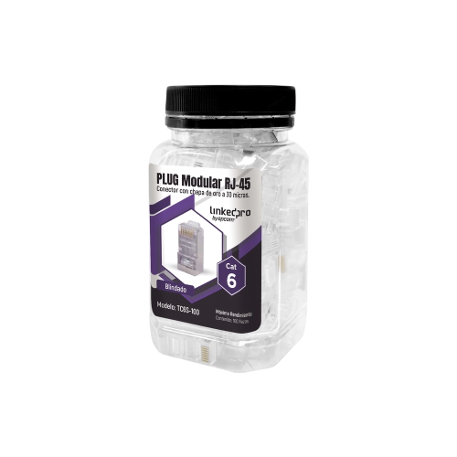 LINKEDPRO TC6S-100 BOTE CON 100 PIEZAS DE PLUG MODULAR RJ45 Cat6 BLINDADO,  chapado de oro a 30 micras para durabilidad extrema SIN PIN DE TIERRA.