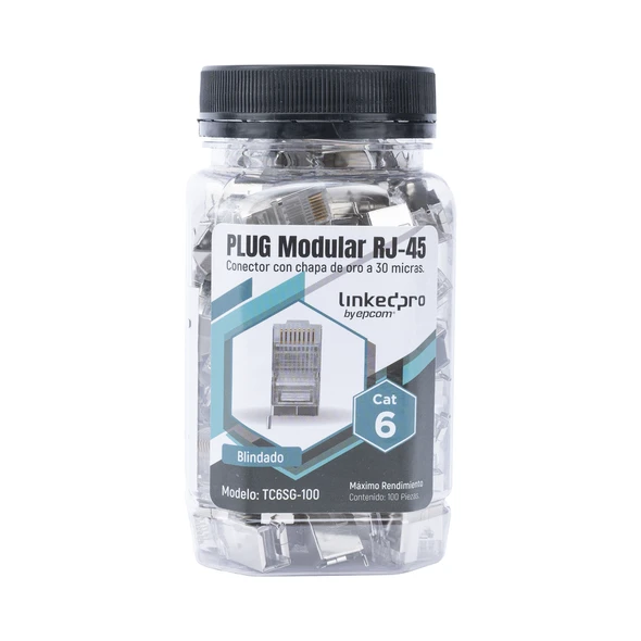 LINKEDPRO TC6SG100 BOTE CON 100PZS DE PLUG MODULAR RJ45 Cat6 blindado con pin de tierra, chapado de oro a 30 micras para durabilidad extrema.