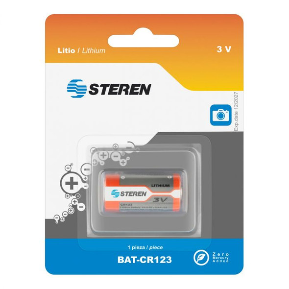 STEREN BAT-CR123 PILA DE LITIO TIPO CILINDRO,Pila de litio tipo cilindro, de 3 Volts, capacidad nominal de 1400 mAh (mili Amperes hora), dimensiones 1,6 x 3,4 cm. Se usa principalmente en fotografía.