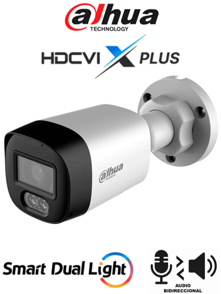 DAHUA DH-HAC-HFW1500RLN-IL-T - Cámara Bala Full Color de 5 Megapixeles/ Audio 2 vías/ Iluminador Dual Inteligente Mediante IR y Luz Calida/ Leds para 20 Metros/ DNR Para Reducción de Ruido en Imagen/ WDR de 120 dB/ Lente de 2.8 mm/ Policarbonato